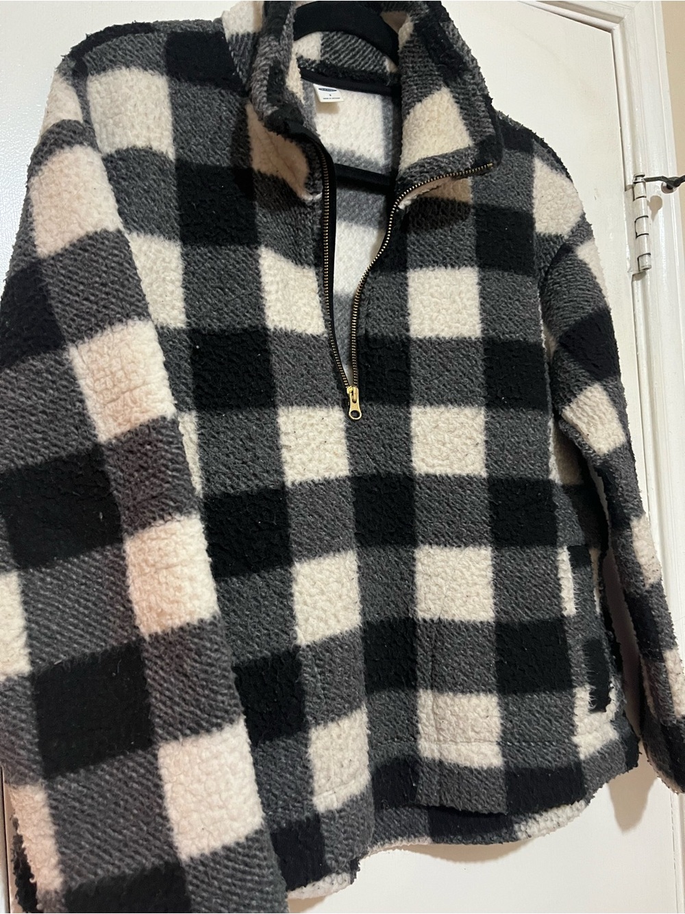 Old Navy Black, Gray & White Buffalo Check Zip-Up Sherpa